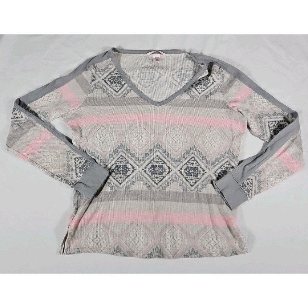 Vintage Victoria's Secret S Women Thermal Shirt V-Neck Diamond Pattern Gray Pink